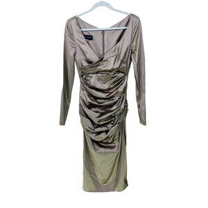 TALBOT RUNHOF Designer Dress Sz 8/38‎ Satin Ruched Long Sleeve Cocktail Metallic